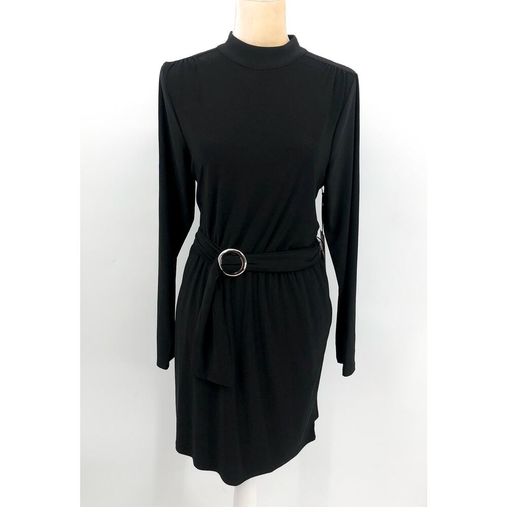 HALOGEN Women's Long Sleeve Ring Belted Dress Large Rich Black Jersey NWT - Picture 1 of 10